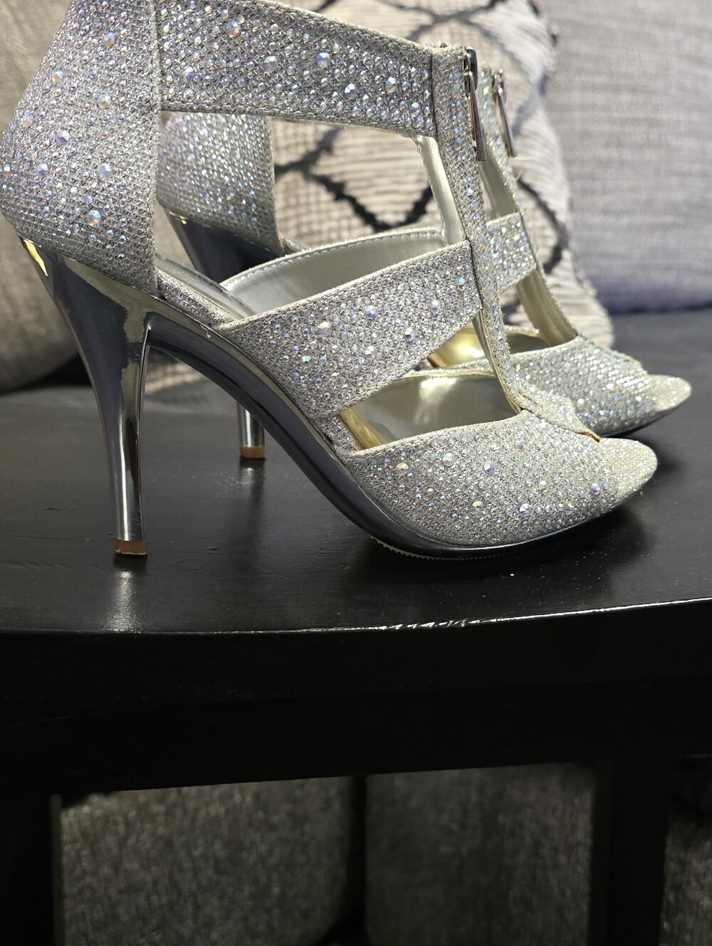 Silver Slipper Sparkling Silver Women's Dress Heels with Front Zip Size 7W